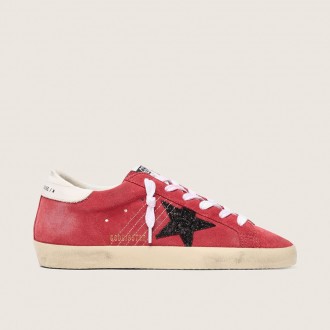Golden Goose Super-Star In Red Suede With Glitter Star And White Heel Tab