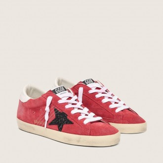 Golden Goose Super-Star In Red Suede With Glitter Star And White Heel Tab