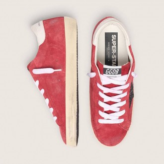 Golden Goose Super-Star In Red Suede With Glitter Star And White Heel Tab