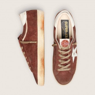Golden Goose Super-Star In Rust Suede With Metallic Platinum Leather Star Golden Goose Super-Star In Rust Suede With Metallic Platinum Leather Star