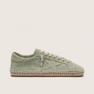 Golden Goose Super-Star In Sage-Green Suede With Tone-On-Tone Suede Star And Jute-Effect Foxing