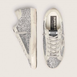 Golden Goose Super-Star In Silver Glitter With Ice-Gray Suede Star Golden Goose Super-Star In Silver Glitter With Ice-Gray Suede Star