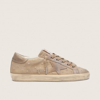 Golden Goose Super-Star In Tobacco Canvas With Suede Star And Crystal Inserts