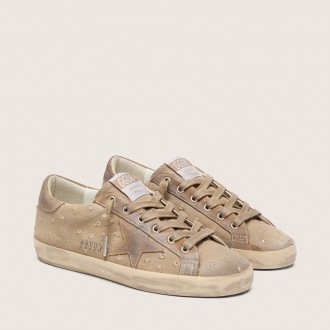 Golden Goose Super-Star In Tobacco Canvas With Suede Star And Crystal Inserts