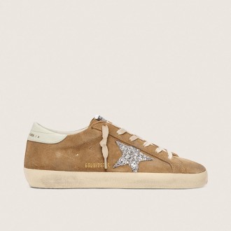 Golden Goose Super-Star In Tobacco Suede With Silver Glitter Star