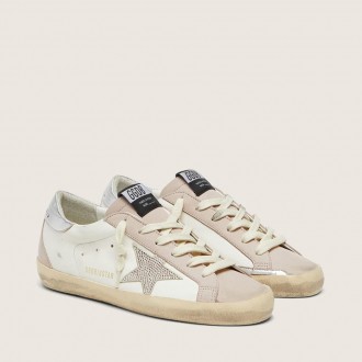 Golden Goose Super-Star In White And Powder-Pink Leather With Silver Swarovski Crystal Star