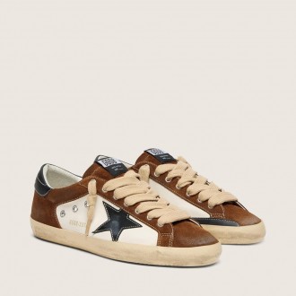 Golden Goose Super-Star In White Leather And Brown Suede With Black Leather Star Golden Goose Super-Star In White Leather And Brown Suede With Black Leather Star