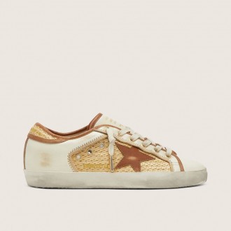 Golden Goose Super-Star In White Leather And Raffia With Brick-Red Star And Inserts