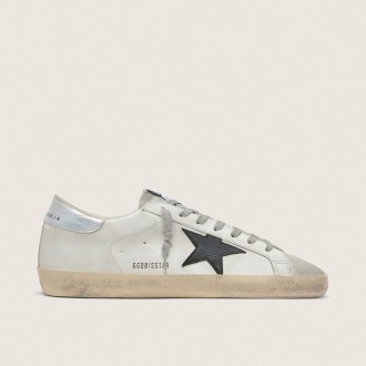 Golden Goose Super-Star In White Leather With Black Nubuck Star And Silver Metallic Leather Heel Tab