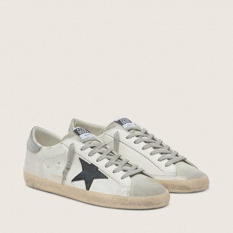 Golden Goose Super-Star In White Leather With Black Nubuck Star And Silver Metallic Leather Heel Tab