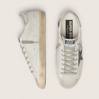 Golden Goose Super-Star In White Leather With Black Nubuck Star And Silver Metallic Leather Heel Tab