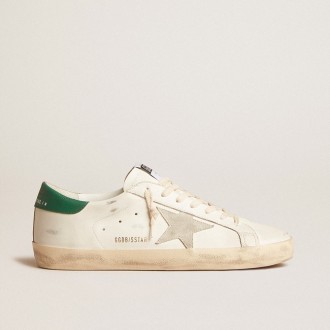 Golden Goose Super-Star In White Leather With Ice-Gray Suede Star And Green Leather Heel Tab