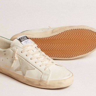 Golden Goose Super-Star In White Leather With Ice-Gray Suede Star And Green Leather Heel Tab Golden Goose Super-Star In White Leather With Ice-Gray Suede Star And Green Leather Heel Tab