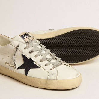 Golden Goose Super-Star In White Leather With Midnight-Blue Canvas Star And Tobacco Leather Heel Tab