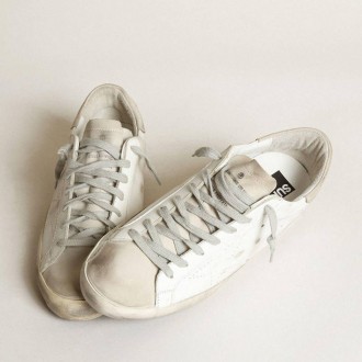 Golden Goose Super-Star In White Leather With Perforated Star And Beige Nubuck Heel Tab Golden Goose Super-Star In White Leather With Perforated Star And Beige Nubuck Heel Tab