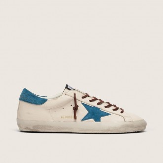 Golden Goose Super-Star In White Leather With Turquoise Suede Star