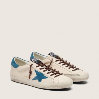 Golden Goose Super-Star In White Leather With Turquoise Suede Star Golden Goose Super-Star In White Leather With Turquoise Suede Star