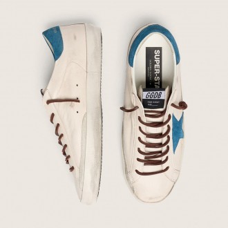 Golden Goose Super-Star In White Leather With Turquoise Suede Star Golden Goose Super-Star In White Leather With Turquoise Suede Star