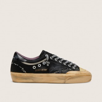 Golden Goose Super-Star Lab In Black Laminated Suede And Nylon With Raised Star And Laces With Crystals