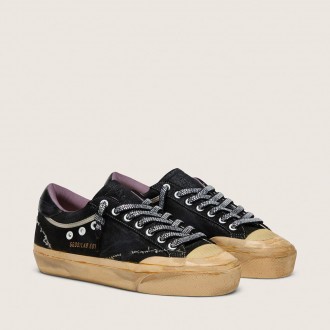 Golden Goose Super-Star Lab In Black Laminated Suede And Nylon With Raised Star And Laces With Crystals Golden Goose Super-Star Lab In Black Laminated Suede And Nylon With Raised Star And Laces With Crystals
