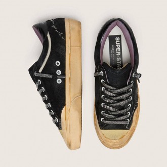 Golden Goose Super-Star Lab In Black Laminated Suede And Nylon With Raised Star And Laces With Crystals Golden Goose Super-Star Lab In Black Laminated Suede And Nylon With Raised Star And Laces With Crystals