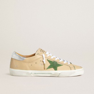 Golden Goose Super-Star Ltd In Beige Leather With Green Suede Star And Silver Foiled Leather Heel Tab