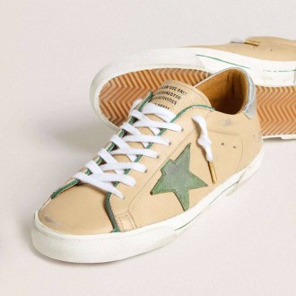 Golden Goose Super-Star Ltd In Beige Leather With Green Suede Star And Silver Foiled Leather Heel Tab Golden Goose Super-Star Ltd In Beige Leather With Green Suede Star And Silver Foiled Leather Heel Tab