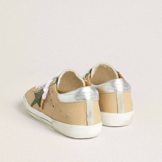 Golden Goose Super-Star Ltd In Beige Leather With Green Suede Star And Silver Foiled Leather Heel Tab Golden Goose Super-Star Ltd In Beige Leather With Green Suede Star And Silver Foiled Leather Heel Tab