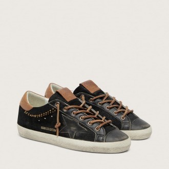Golden Goose Super-Star Ltd In Black Glitter Leather With Black Leather Star