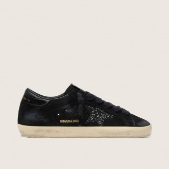 Golden Goose Super-Star Ltd In Black Suede With Black Glitter Star And Black Leather Heel Tab