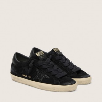 Golden Goose Super-Star Ltd In Black Suede With Black Glitter Star And Black Leather Heel Tab Golden Goose Super-Star Ltd In Black Suede With Black Glitter Star And Black Leather Heel Tab
