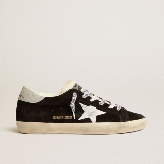 Golden Goose Super-Star Ltd In Black Suede With White Printed Star And Silver Glitter Heel Tab