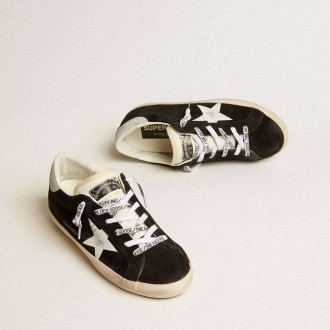 Golden Goose Super-Star Ltd In Black Suede With White Printed Star And Silver Glitter Heel Tab