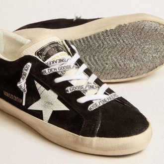 Golden Goose Super-Star Ltd In Black Suede With White Printed Star And Silver Glitter Heel Tab