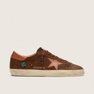 Golden Goose Super-Star Ltd In Brown Suede With Brick-Red Leather Star And Embroidery With Green Beads