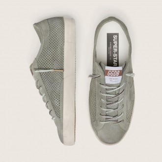 Golden Goose Super-Star Ltd In Green Perforated Suede With Matching Suede Star Golden Goose Super-Star Ltd In Green Perforated Suede With Matching Suede Star