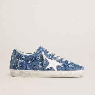 Golden Goose Super-Star Ltd In Light Blue Denim With A White Leather Star And Embroidered Flowers