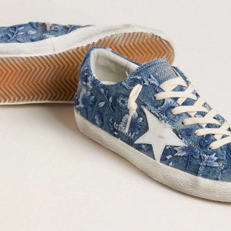 Golden Goose Super-Star Ltd In Light Blue Denim With A White Leather Star And Embroidered Flowers Golden Goose Super-Star Ltd In Light Blue Denim With A White Leather Star And Embroidered Flowers