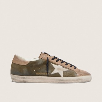 Golden Goose Super-Star Ltd In Olive-Green Suede With Cream Embroidered Star Golden Goose Super-Star Ltd In Olive-Green Suede With Cream Embroidered Star