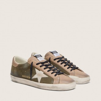 Golden Goose Super-Star Ltd In Olive-Green Suede With Cream Embroidered Star
