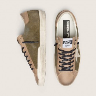 Golden Goose Super-Star Ltd In Olive-Green Suede With Cream Embroidered Star