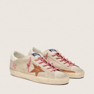 Golden Goose Super-Star Ltd In Pearl Suede With Brick-Red Star And Embroidery Golden Goose Super-Star Ltd In Pearl Suede With Brick-Red Star And Embroidery