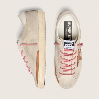 Golden Goose Super-Star Ltd In Pearl Suede With Brick-Red Star And Embroidery Golden Goose Super-Star Ltd In Pearl Suede With Brick-Red Star And Embroidery