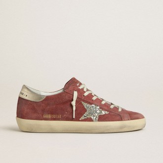 Golden Goose Super-Star Ltd In Red Suede With Silver Glitter Star And Laminated Leather Heel Tab