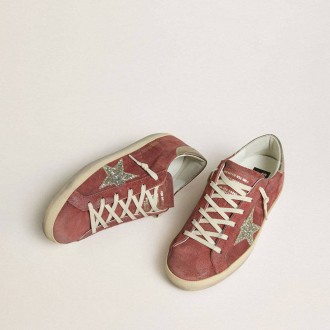 Golden Goose Super-Star Ltd In Red Suede With Silver Glitter Star And Laminated Leather Heel Tab