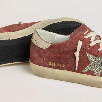 Golden Goose Super-Star Ltd In Red Suede With Silver Glitter Star And Laminated Leather Heel Tab