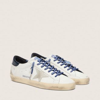 Golden Goose Super-Star Ltd In White Leather With Suede Star And Blue Leather Heel Tab Golden Goose Super-Star Ltd In White Leather With Suede Star And Blue Leather Heel Tab