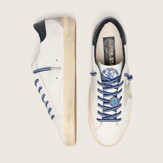 Golden Goose Super-Star Ltd In White Leather With Suede Star And Blue Leather Heel Tab Golden Goose Super-Star Ltd In White Leather With Suede Star And Blue Leather Heel Tab
