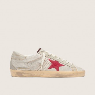 Golden Goose Super-Star Ltd In White Pony Skin With Red Suede Star Golden Goose Super-Star Ltd In White Pony Skin With Red Suede Star