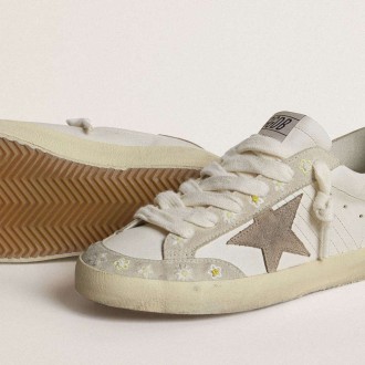 Golden Goose Super-Star Ltd With Beige Suede Star And Heel Tab And Floral Embroidery